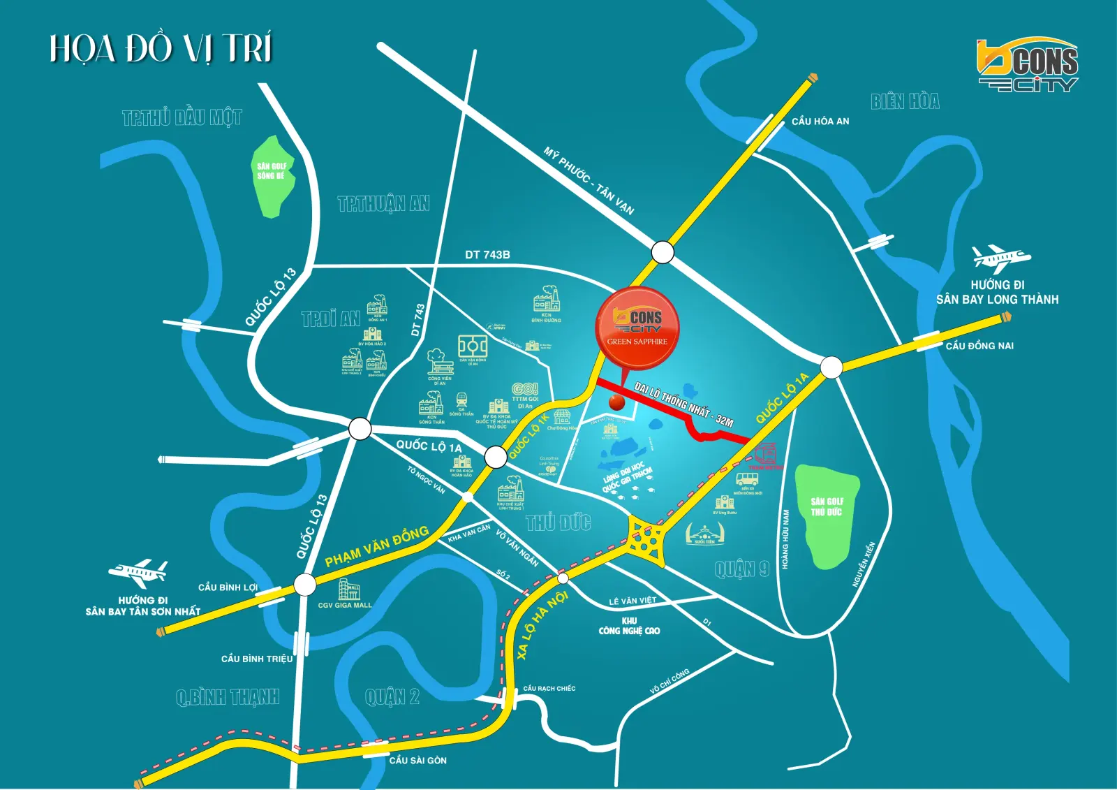 Vị trí dự án Bcons City - Tháp Green Sapphire